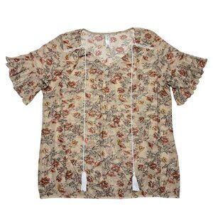 Perseption Concept Top Womens XL Brown Floral Sheer Ruffle Bell Sleeve Boho